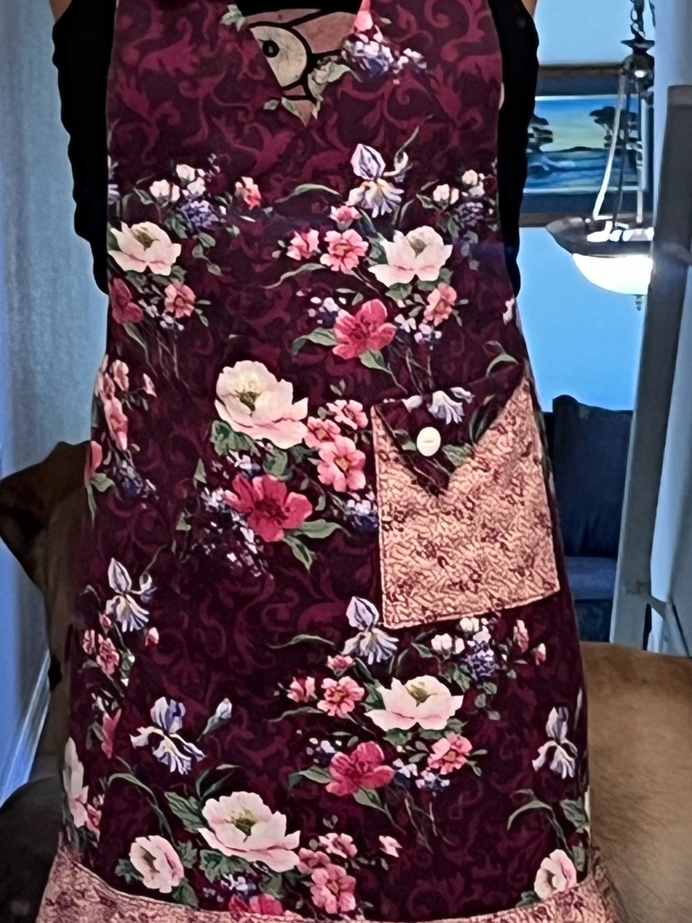 Floral Burgundy Women's Apron with Pink Pocket - Unbranded